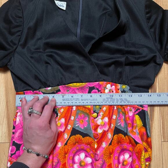 VINTAGE 60s Mod Barkcloth Dress Size 2  Black Maxi Rhinestone Studded Neusteters - Picture 6 of 7